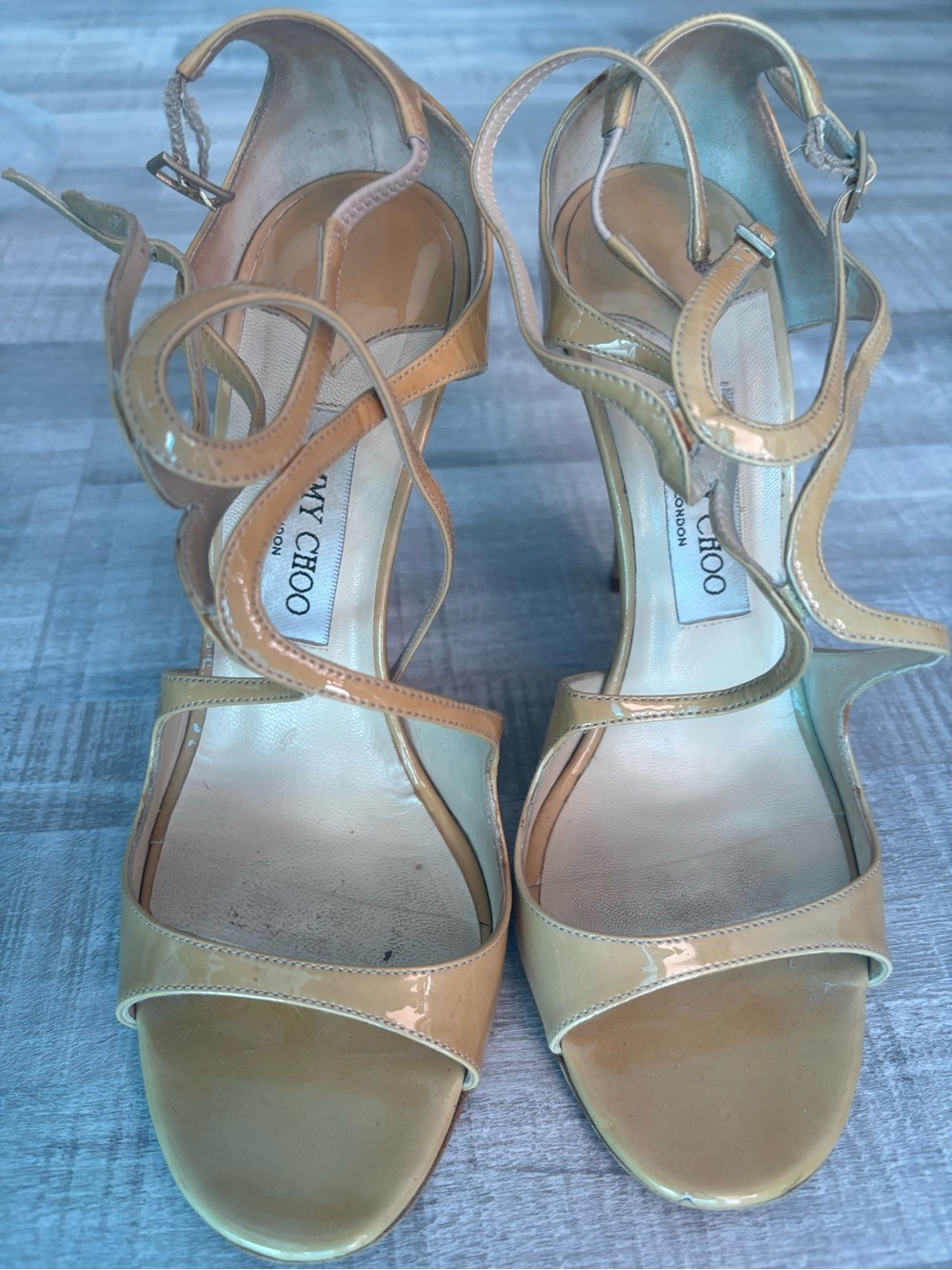 Jimmy Choo Patent Leather tan/ yellow Strappy Heels size 39.5